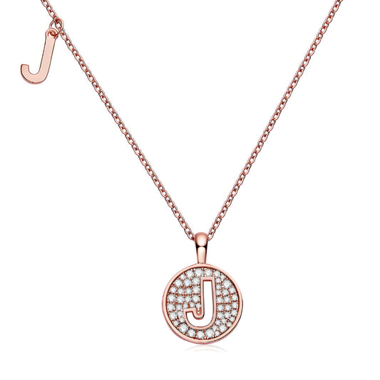 Initial 'J' Letter Medallion Customized Moissanite Necklace in 18K Rose Golden Plated Sterling Silver - La Pretti