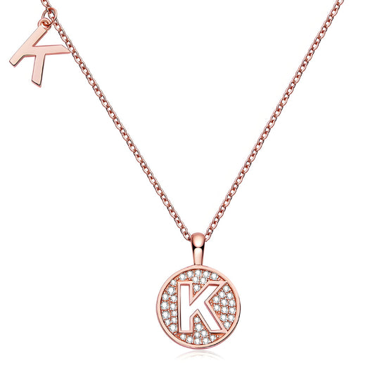 Initial 'K' Letter Medallion Customized Moissanite Necklace in 18K Rose Golden Plated Sterling Silver - La Pretti