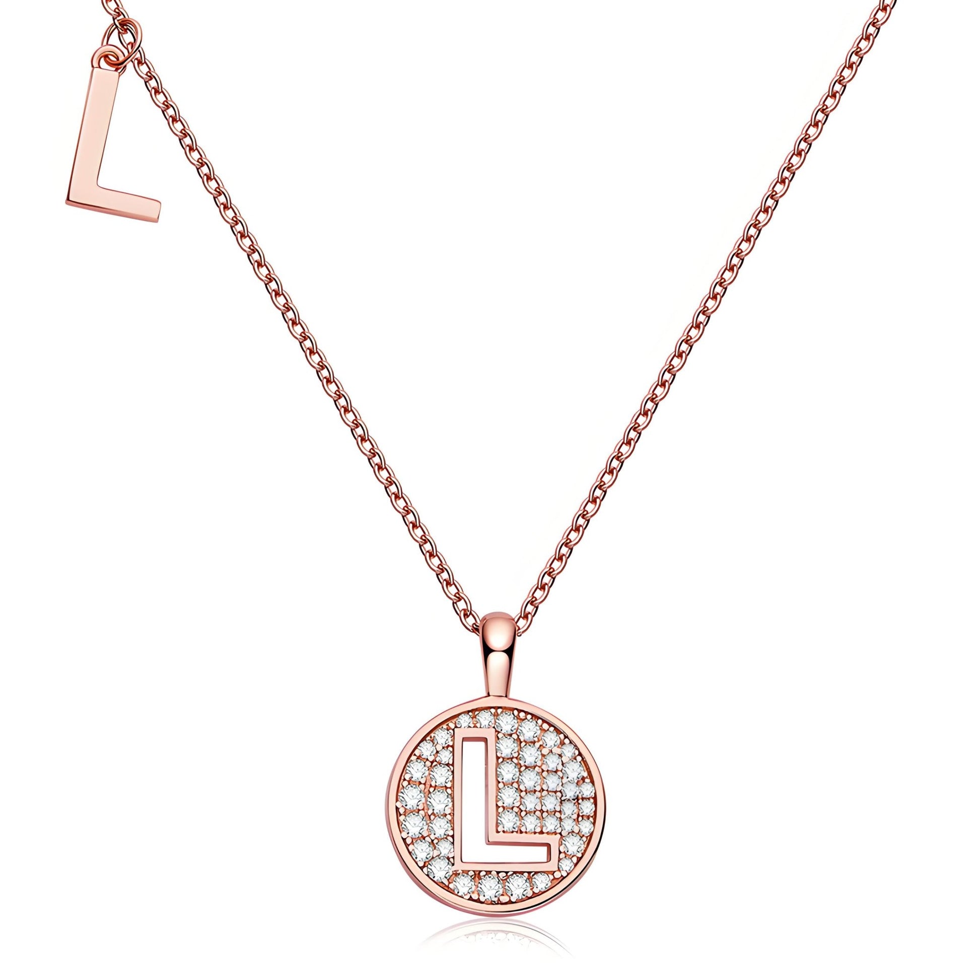 Initial 'L' Letter Medallion Customized Moissanite Necklace in 18K Rose Golden Plated Sterling Silver - La Pretti