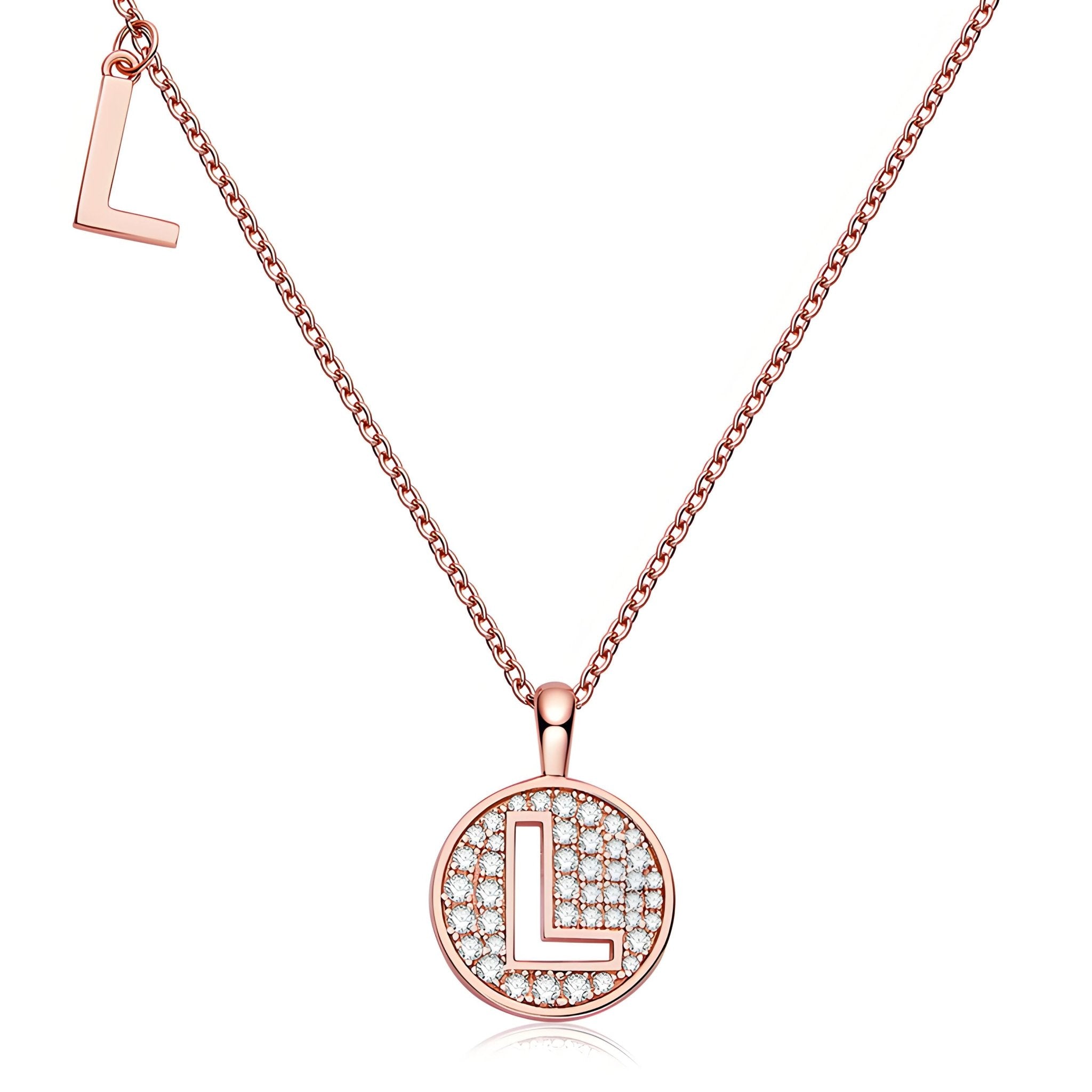 Initial 'L' Letter Medallion Customized Moissanite Necklace in 18K Rose Golden Plated Sterling Silver - La Pretti