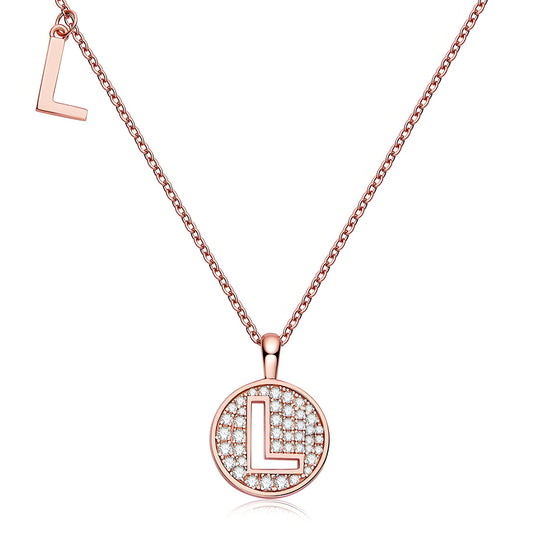 Initial 'L' Letter Medallion Customized Moissanite Necklace in 18K Rose Golden Plated Sterling Silver - La Pretti