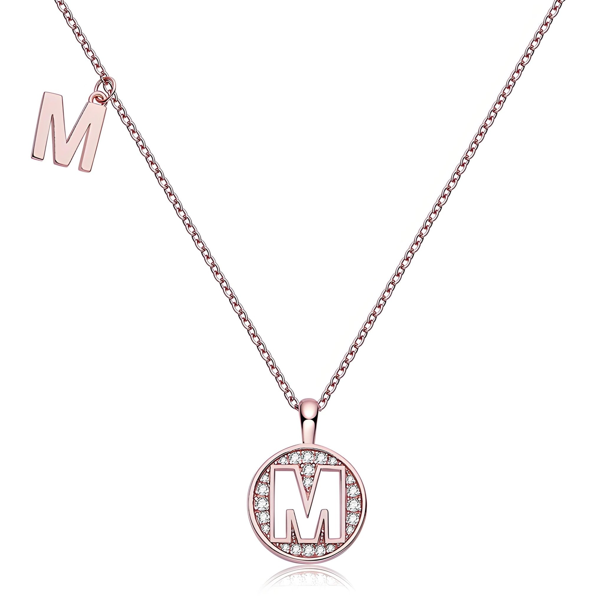 Initial 'M' Letter Medallion Customized Moissanite Necklace in 18K Rose Golden Plated Sterling Silver - La Pretti