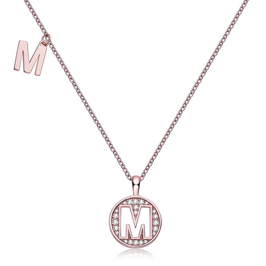 Initial 'M' Letter Medallion Customized Moissanite Necklace in 18K Rose Golden Plated Sterling Silver - La Pretti