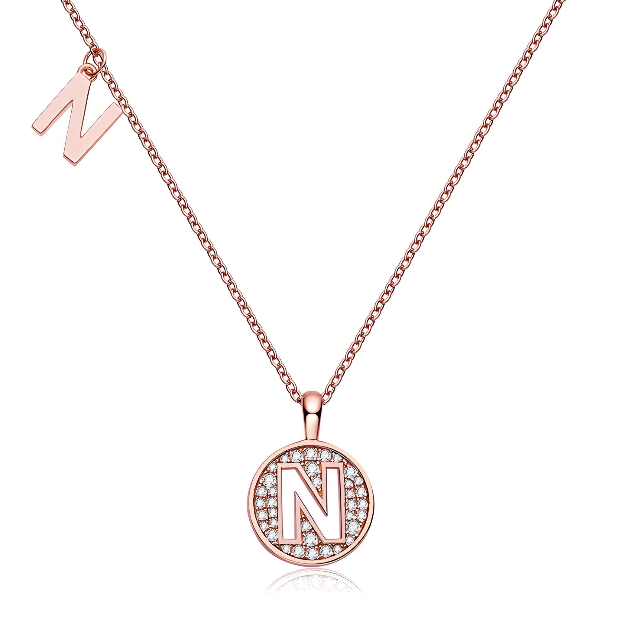 Initial 'N' Letter Medallion Customized Moissanite Necklace in 18K Rose Golden Plated Sterling Silver - La Pretti