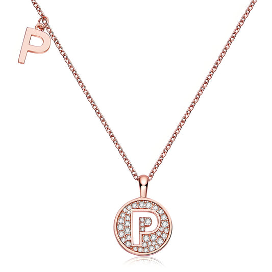 Initial 'P' Letter Medallion Customized Moissanite Necklace in 18K Rose Golden Plated Sterling Silver - La Pretti