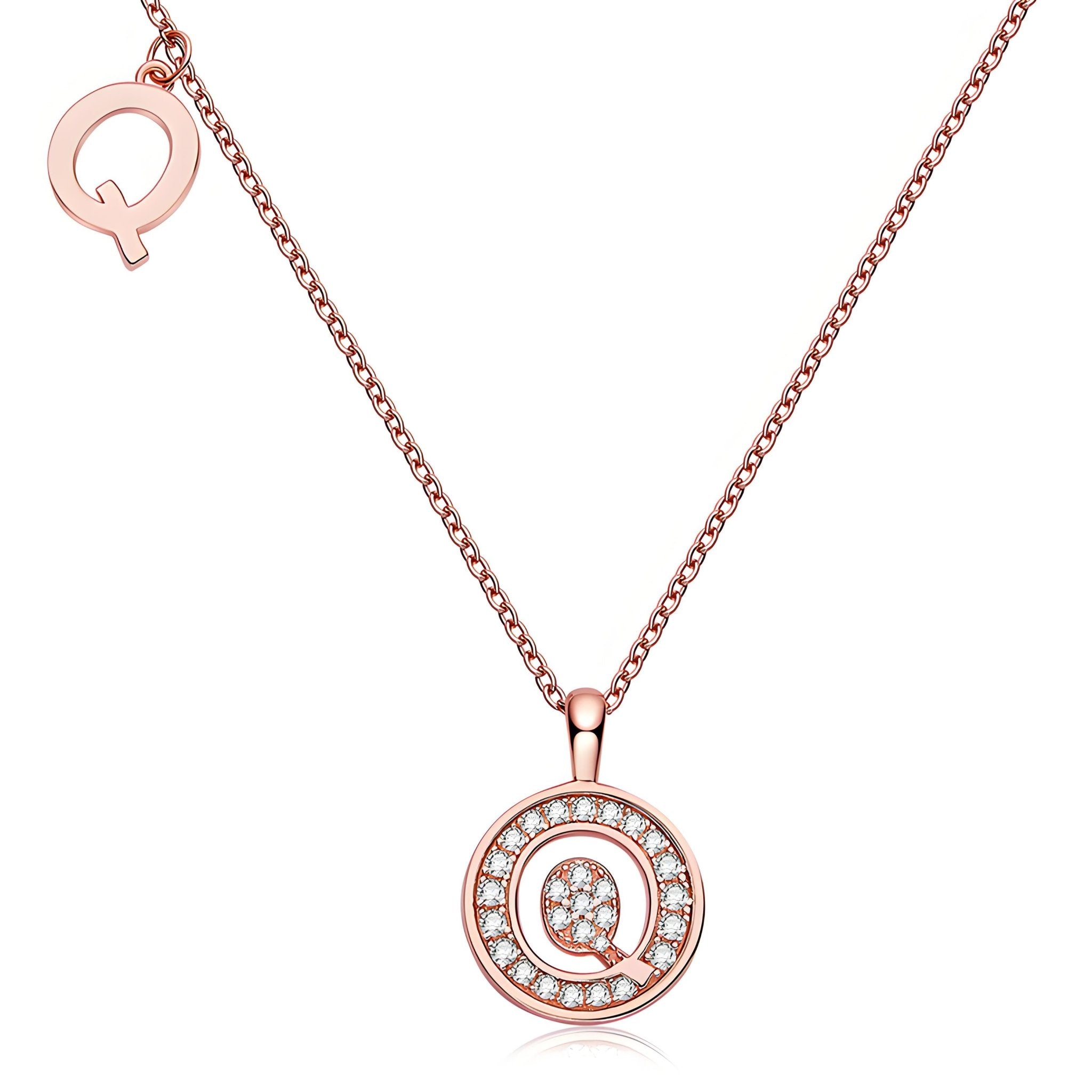 Initial 'Q' Letter Medallion Customized Moissanite Necklace in 18K Rose Golden Plated Sterling Silver - La Pretti