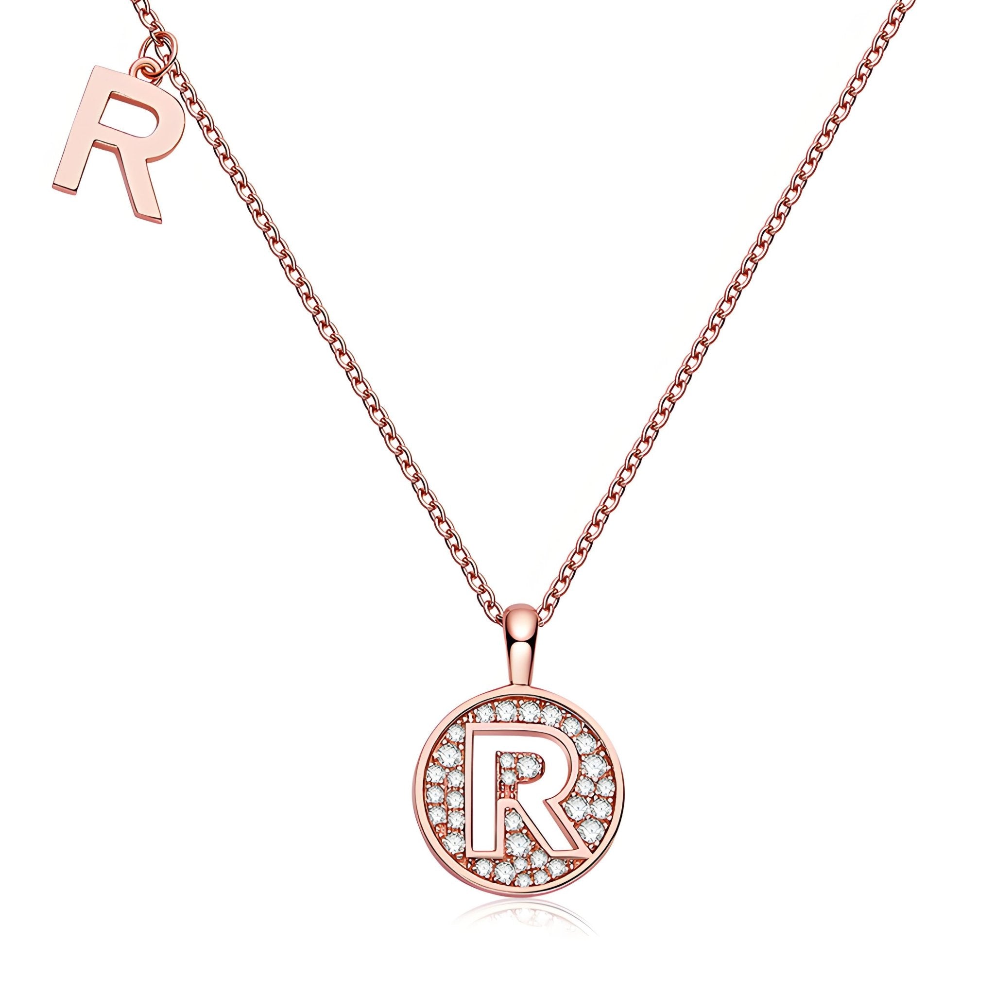 Initial 'R' Letter Medallion Customized Moissanite Necklace in 18K Rose Golden Plated Sterling Silver - La Pretti