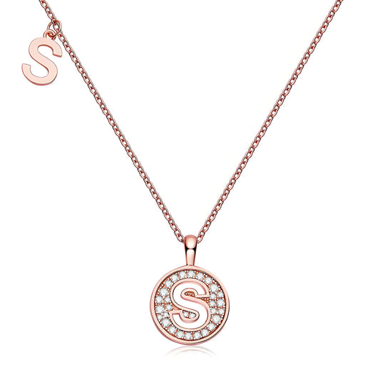 Initial 'S' Letter Medallion Customized Moissanite Necklace in 18K Rose Golden Plated Sterling Silver - La Pretti