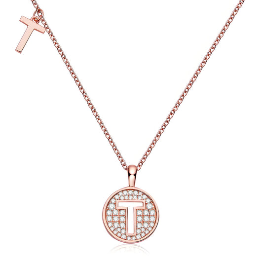 Initial 'T' Letter Medallion Customized Moissanite Necklace in 18K Rose Golden Plated Sterling Silver - La Pretti