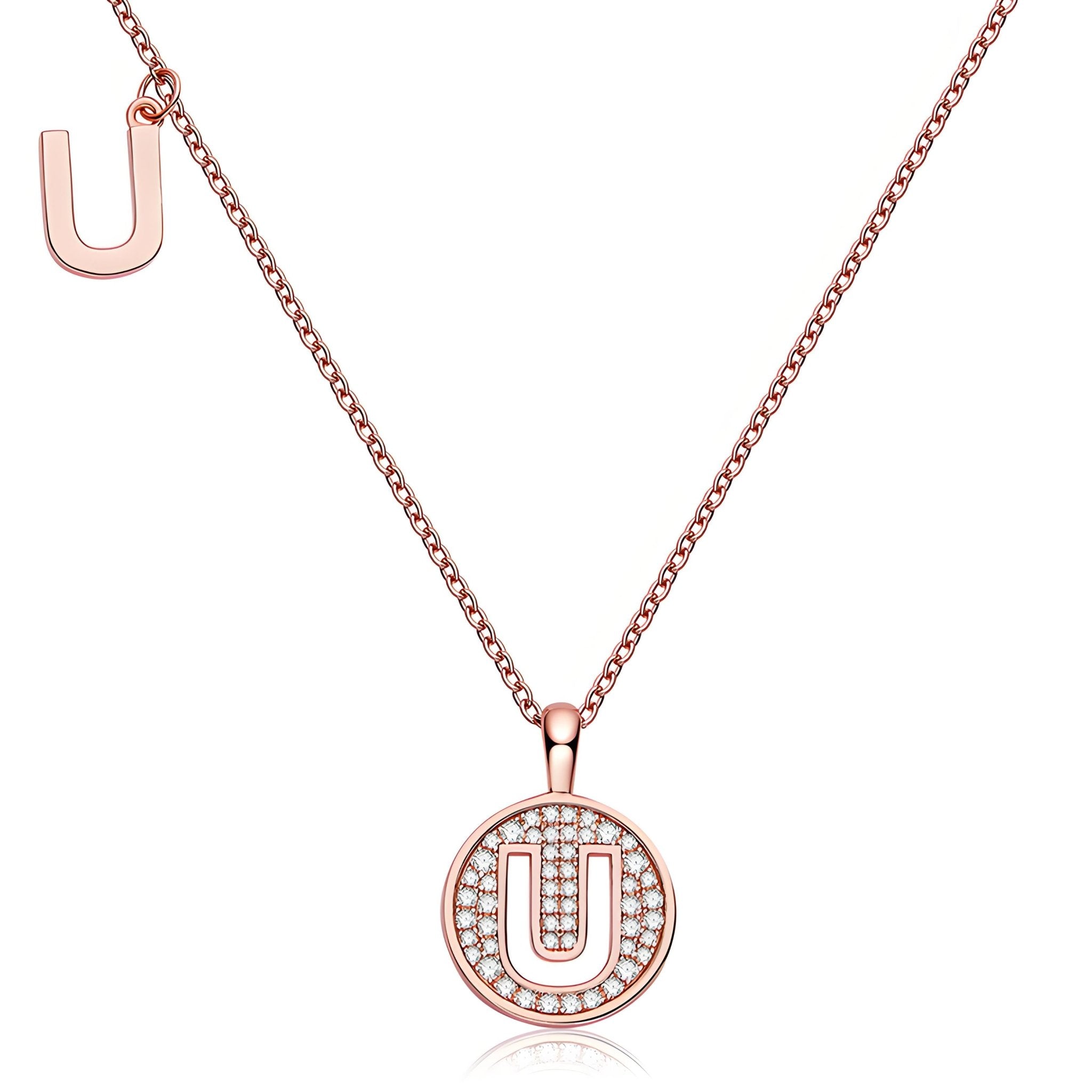 Initial 'U' Letter Medallion Customized Moissanite Necklace in 18K Rose Golden Plated Sterling Silver - La Pretti