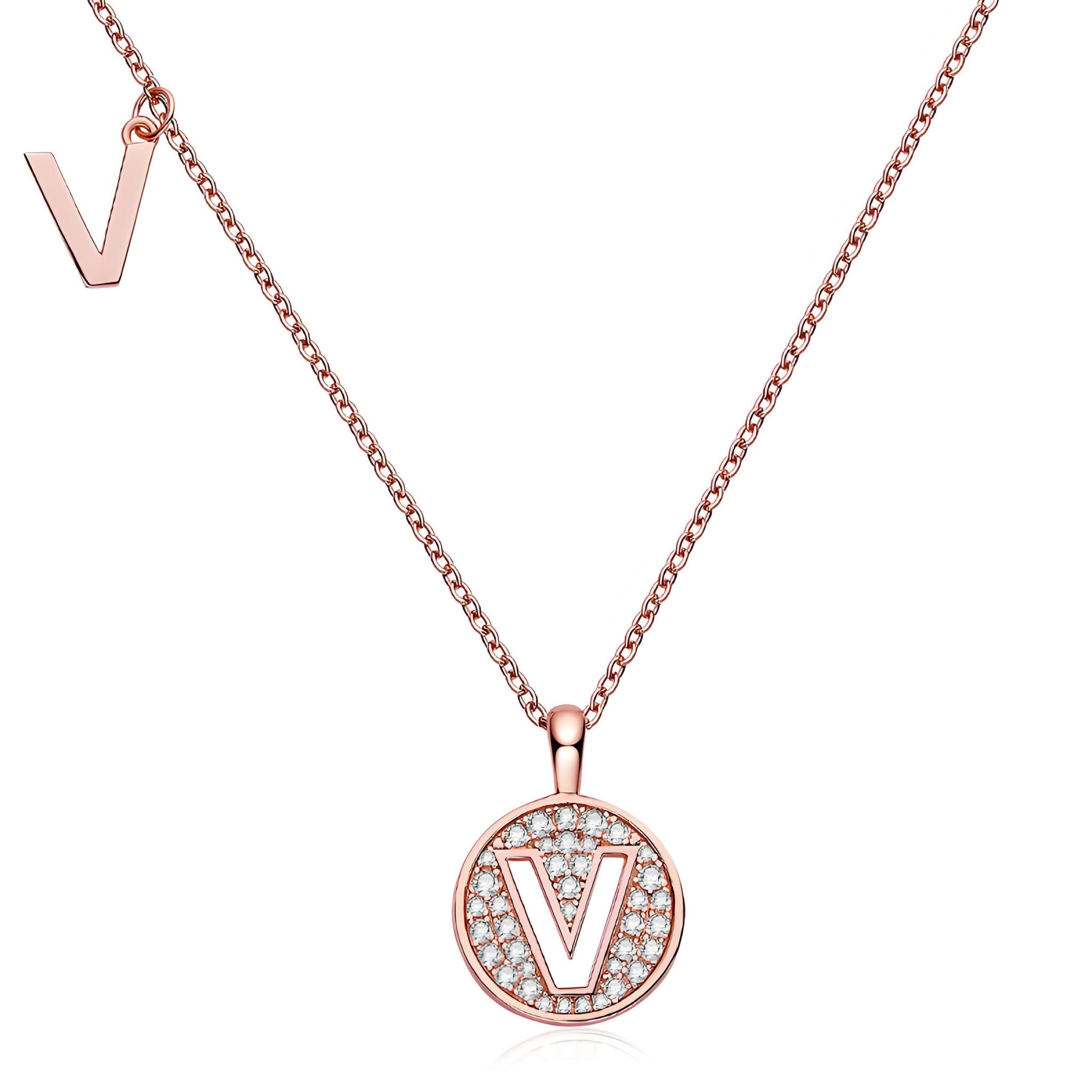 Initial 'V' Letter Medallion Customized Moissanite Necklace in 18K Rose Golden Plated Sterling Silver - La Pretti