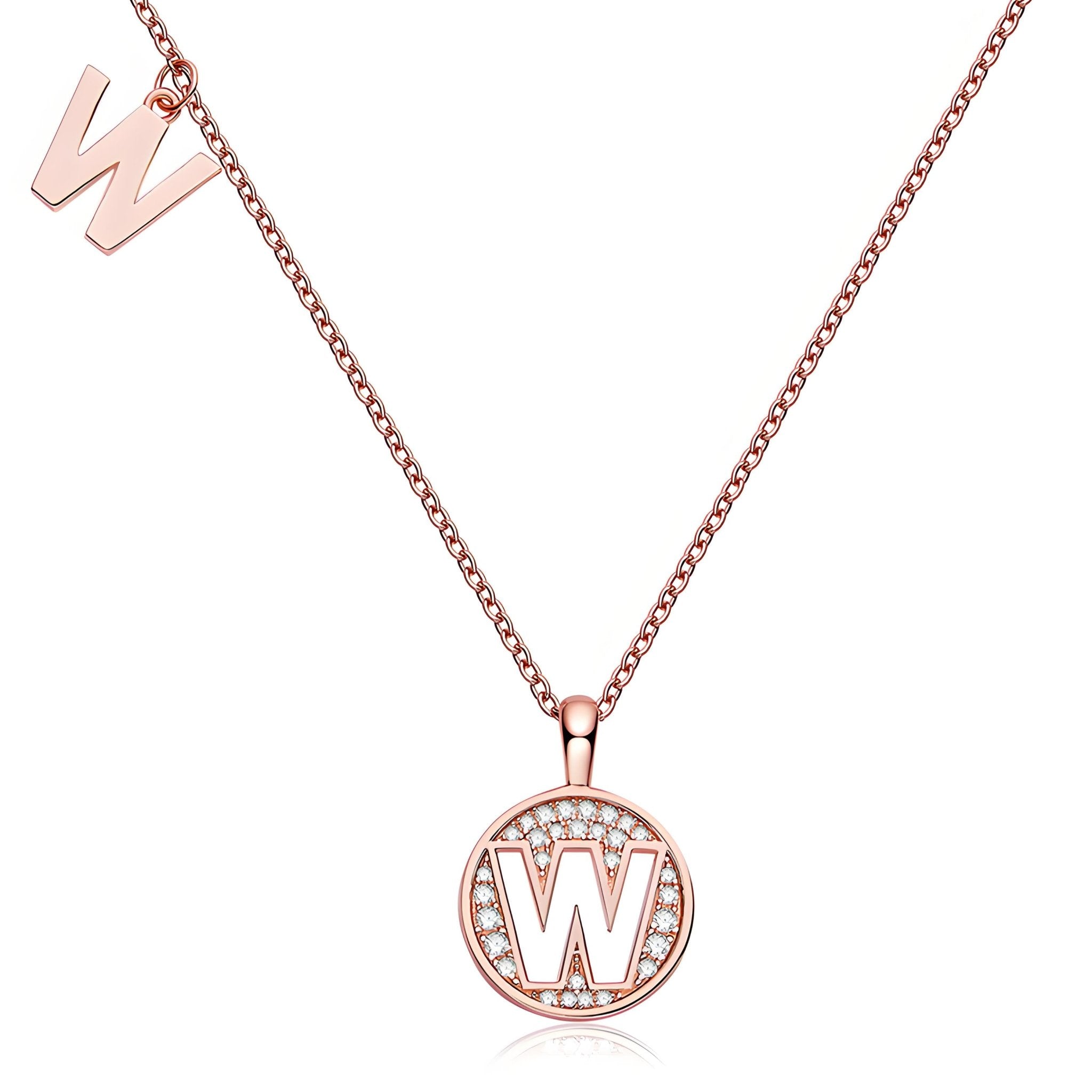 Initial 'W' Letter Medallion Customized Moissanite Necklace in 18K Rose Golden Plated Sterling Silver - La Pretti