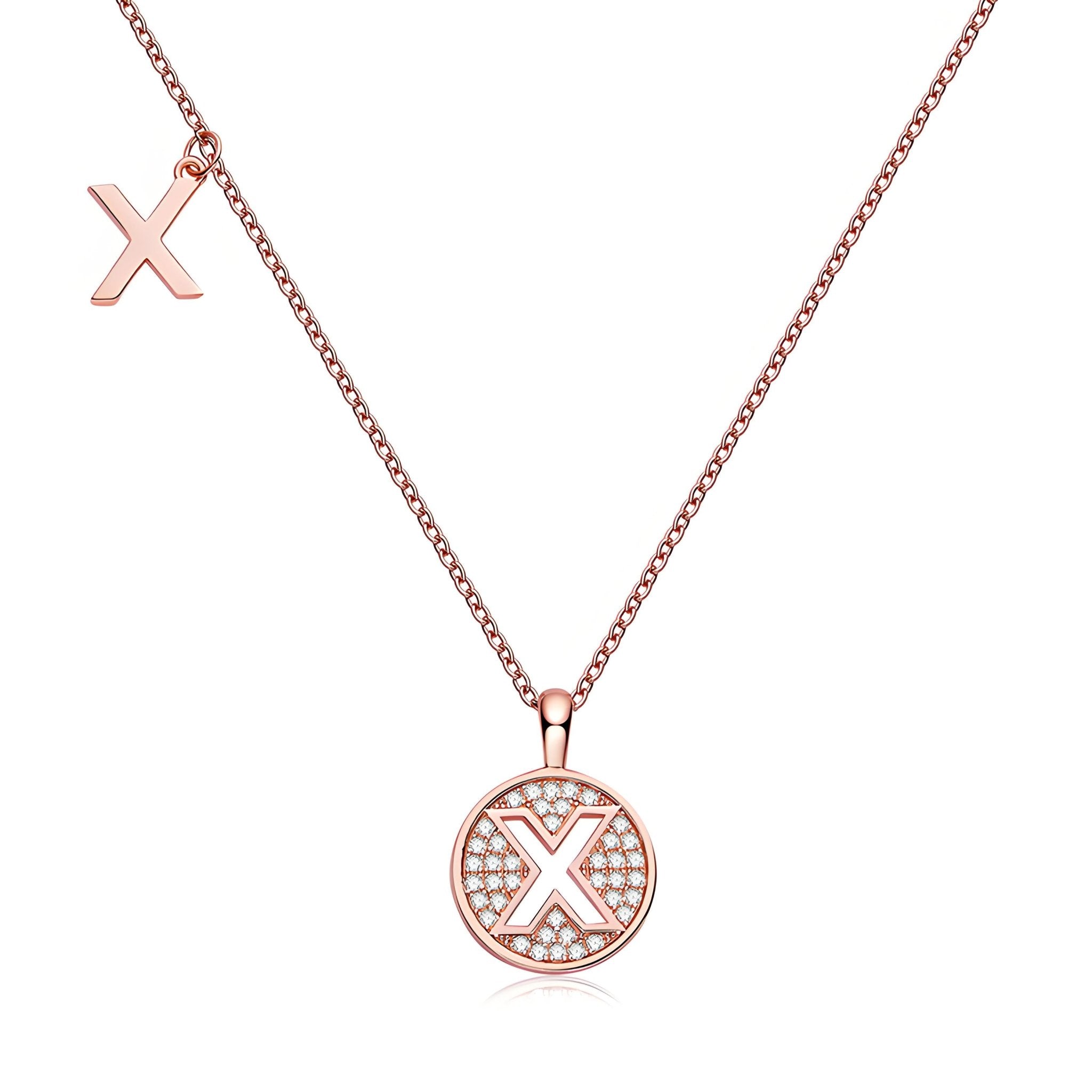 Initial 'X' Letter Medallion Customized Moissanite Necklace in 18K Rose Golden Plated Sterling Silver - La Pretti