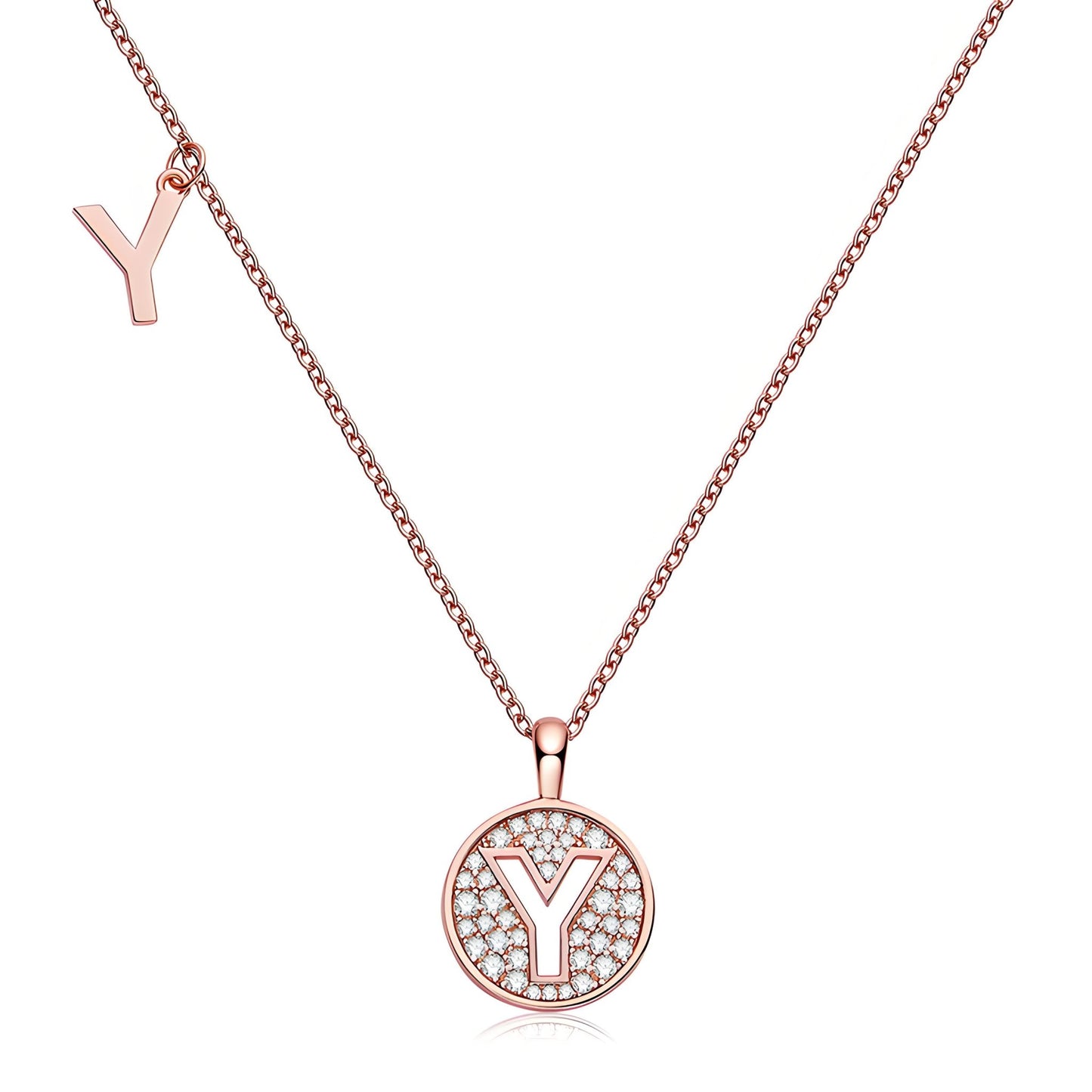 Initial 'Y' Letter Medallion Customized Moissanite Necklace in 18K Rose Golden Plated Sterling Silver - La Pretti