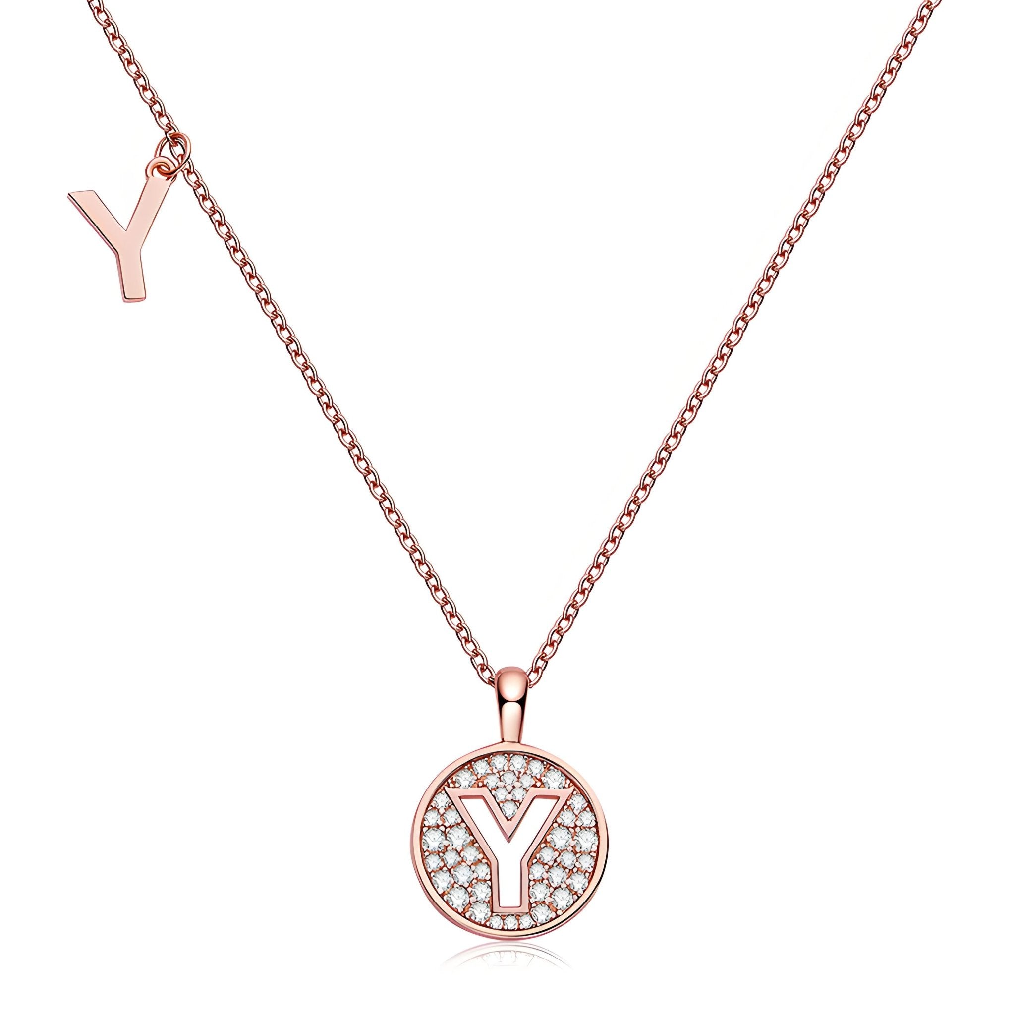 Initial 'Y' Letter Medallion Customized Moissanite Necklace in 18K Rose Golden Plated Sterling Silver - La Pretti
