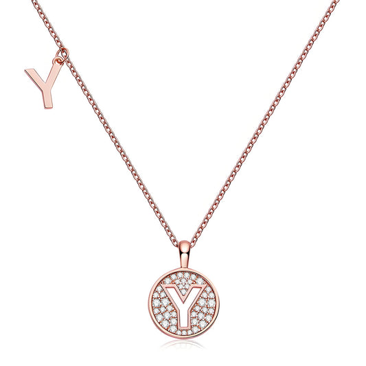 Initial 'Y' Letter Medallion Customized Moissanite Necklace in 18K Rose Golden Plated Sterling Silver - La Pretti