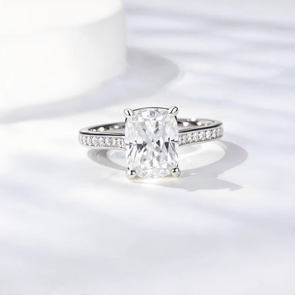 Elongated Cushion Cut Moissanite Solitaire Engagement Ring in Cathedral Channel Pave Setting (3ct. ) - La Pretti