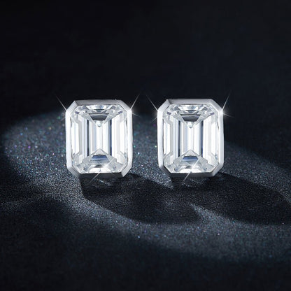 Moissanite Emerald Cut Full Bezel Stud Earrings 18K White Gold Plated Sterling Silver - La Pretti