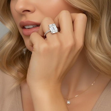 Emerald Cut Moissanite Solitaire Engagement Ring in Pave Setting (5ct. ) - La Pretti