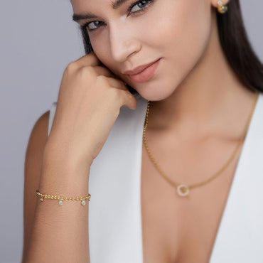 Golden Bezel of Ball Chain Moissanit Station Bracelet with Lobster Clasp - La Pretti