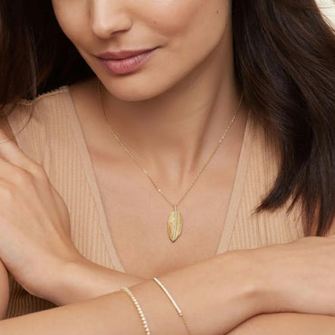 Golden Feather Moissanite Pendant Necklace with Pave Midrib - La Pretti