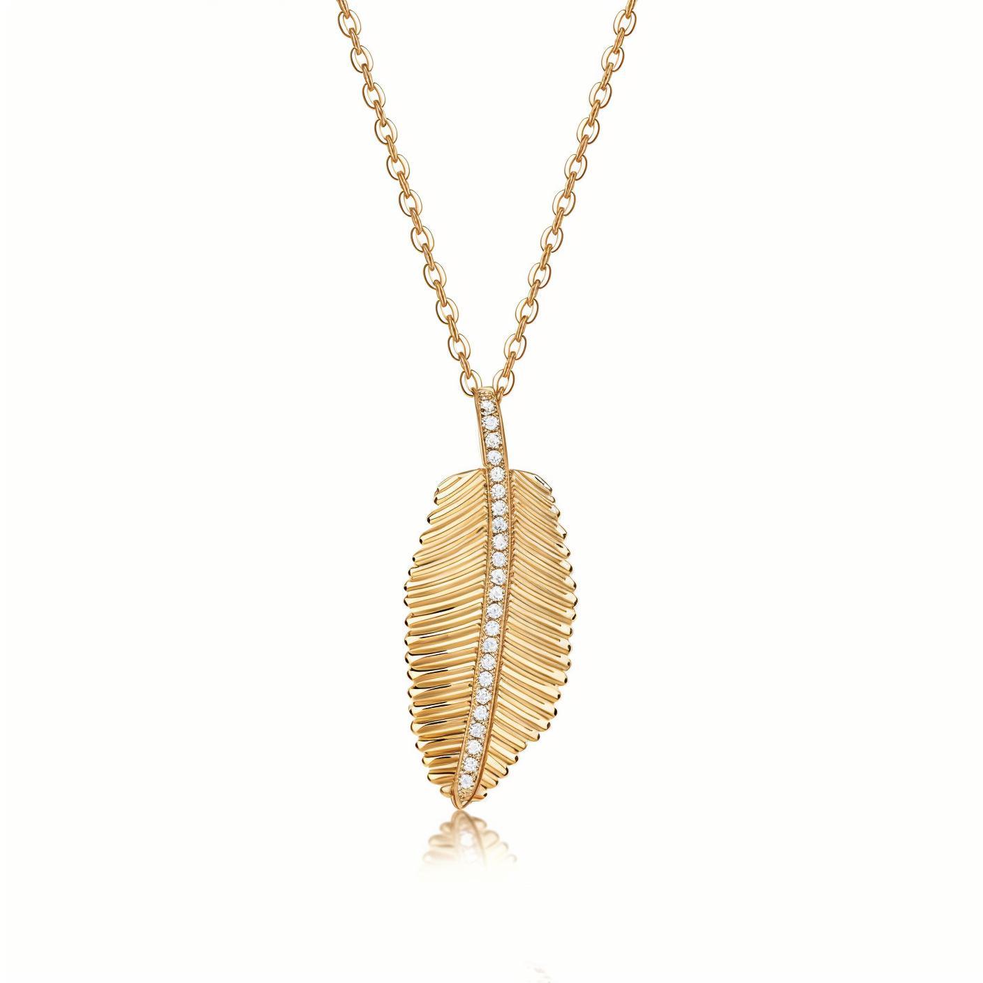 Golden Feather Moissanite Pendant Necklace with Pave Midrib - La Pretti