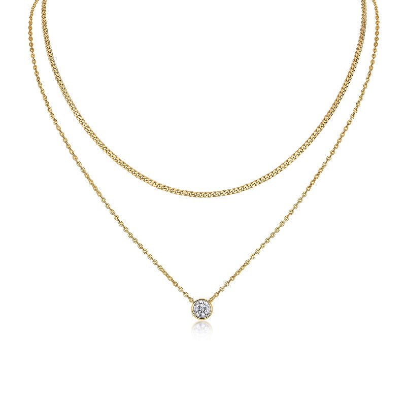Golden Layered Moissanite Pendant Necklace of Round Bezel and Cuban Linked Chain - La Pretti