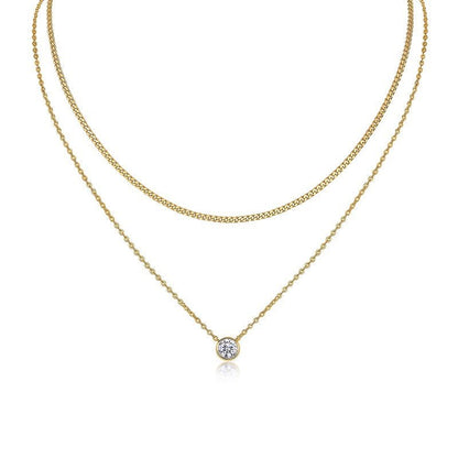 Golden Layered Moissanite Pendant Necklace of Round Bezel and Cuban Linked Chain - La Pretti