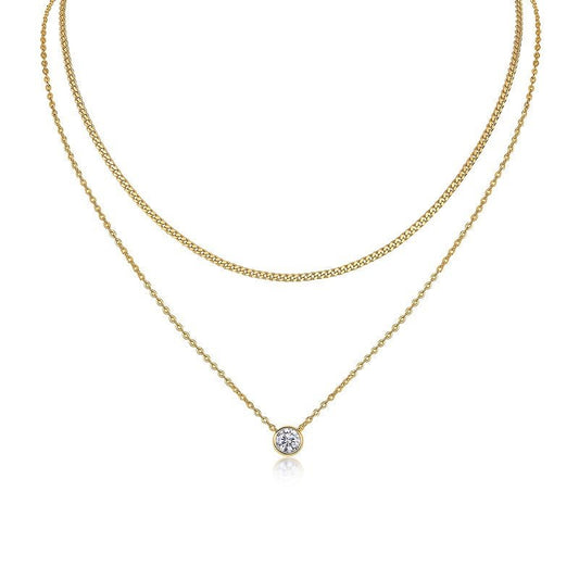 Golden Layered Moissanite Pendant Necklace of Round Bezel and Cuban Linked Chain - La Pretti
