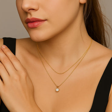 Golden Layered Moissanite Pendant Necklace of Round Bezel and Cuban Linked Chain - La Pretti