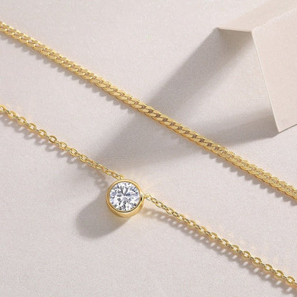 Golden Layered Moissanite Pendant Necklace of Round Bezel and Cuban Linked Chain - La Pretti