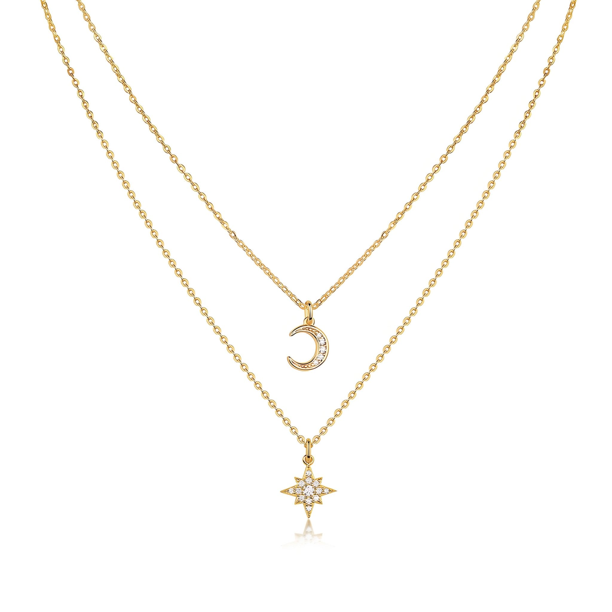 Golden Layered Necklace of Full Paved Moissnaite Polaris and Moon Pendant - La Pretti