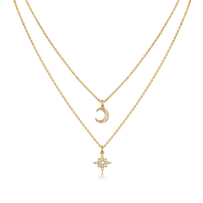Golden Layered Necklace of Full Paved Moissnaite Polaris and Moon Pendant - La Pretti