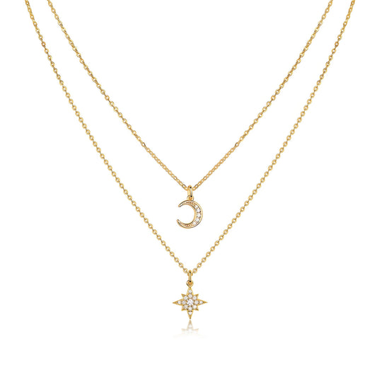 Golden Layered Necklace of Full Paved Moissnaite Polaris and Moon Pendant - La Pretti