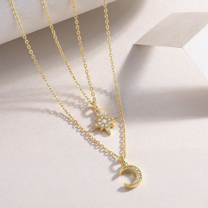 Golden Layered Necklace of Full Paved Moissnaite Polaris and Moon Pendant - La Pretti