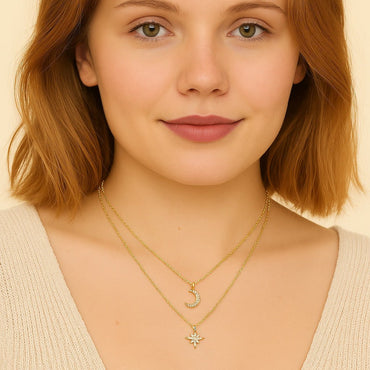 Golden Layered Necklace of Full Paved Moissnaite Polaris and Moon Pendant - La Pretti