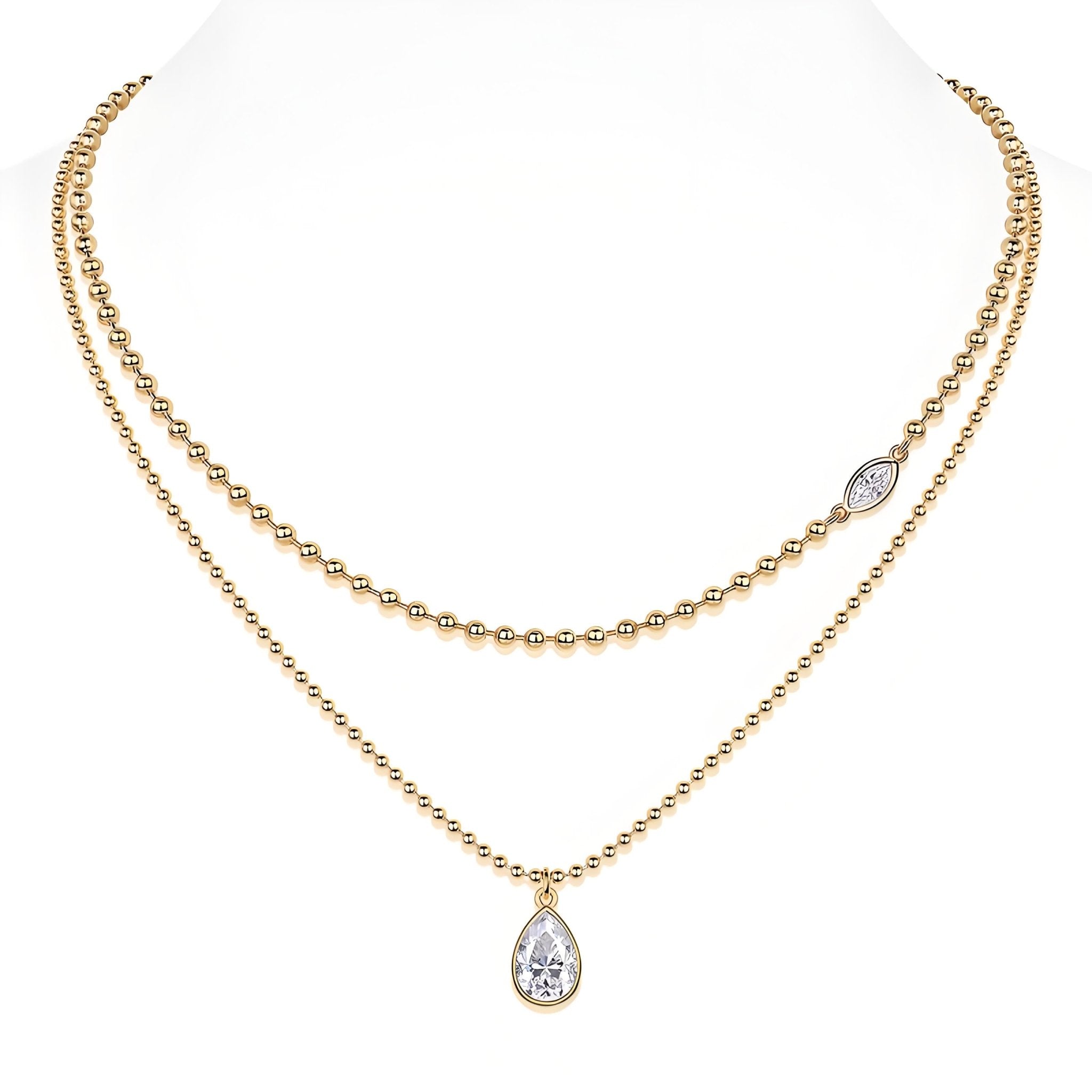 Golden Moissanite Layered Necklace of Beaded Chain with Focal Bezel Marquise Cut and Pear Shaped Pendant Set - La Pretti
