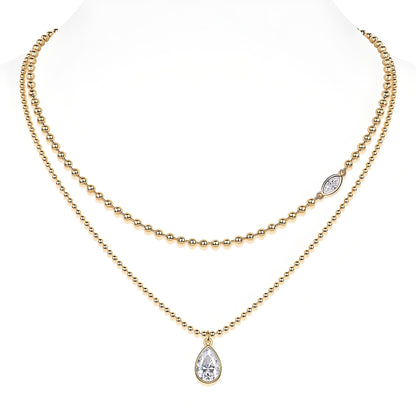 Golden Moissanite Layered Necklace of Beaded Chain with Focal Bezel Marquise Cut and Pear Shaped Pendant Set - La Pretti