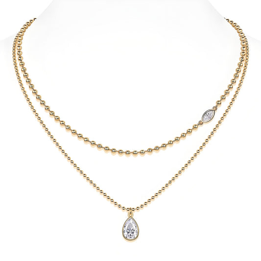 Golden Moissanite Layered Necklace of Beaded Chain with Focal Bezel Marquise Cut and Pear Shaped Pendant Set - La Pretti