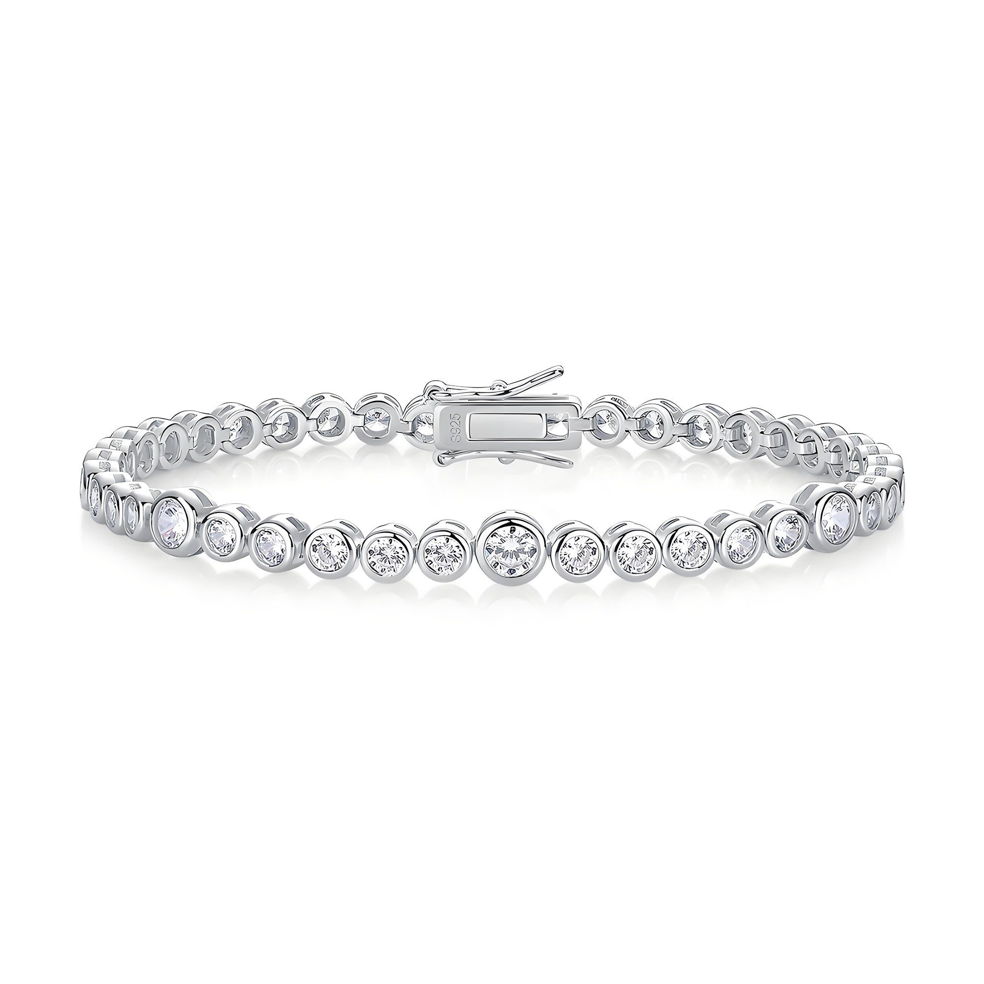 Graduated Moissanite Bezel Tennis Bracelet with Tab - inserted Clasp - La Pretti