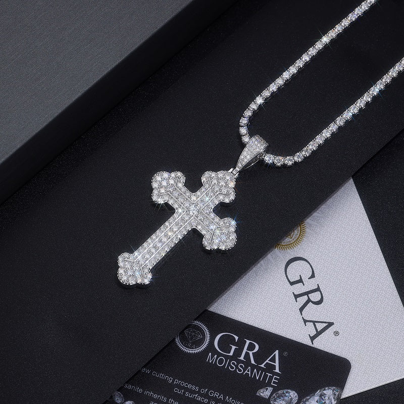 Greek Orthodox Cross of Moissanite Full pave Pendant with Double Halo Bail (Charm) - La Pretti