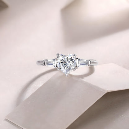 Heart Shaped Moissanite Three Stone Engagement Ring with Tapered Baguette Side Stones (1ct. ) - La Pretti