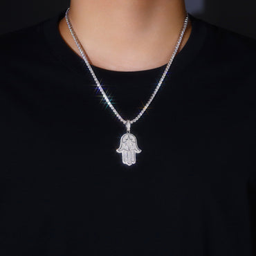 Iced Hamsa of Moissanite Christmas Oblong Star in Fatima's Hand Pendant with Double Halo Bail (Charm) - La Pretti