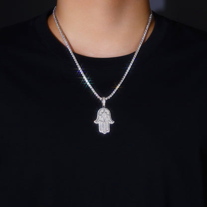 Iced Hamsa of Moissanite Christmas Oblong Star in Fatima's Hand Pendant with Double Halo Bail (Charm) - La Pretti