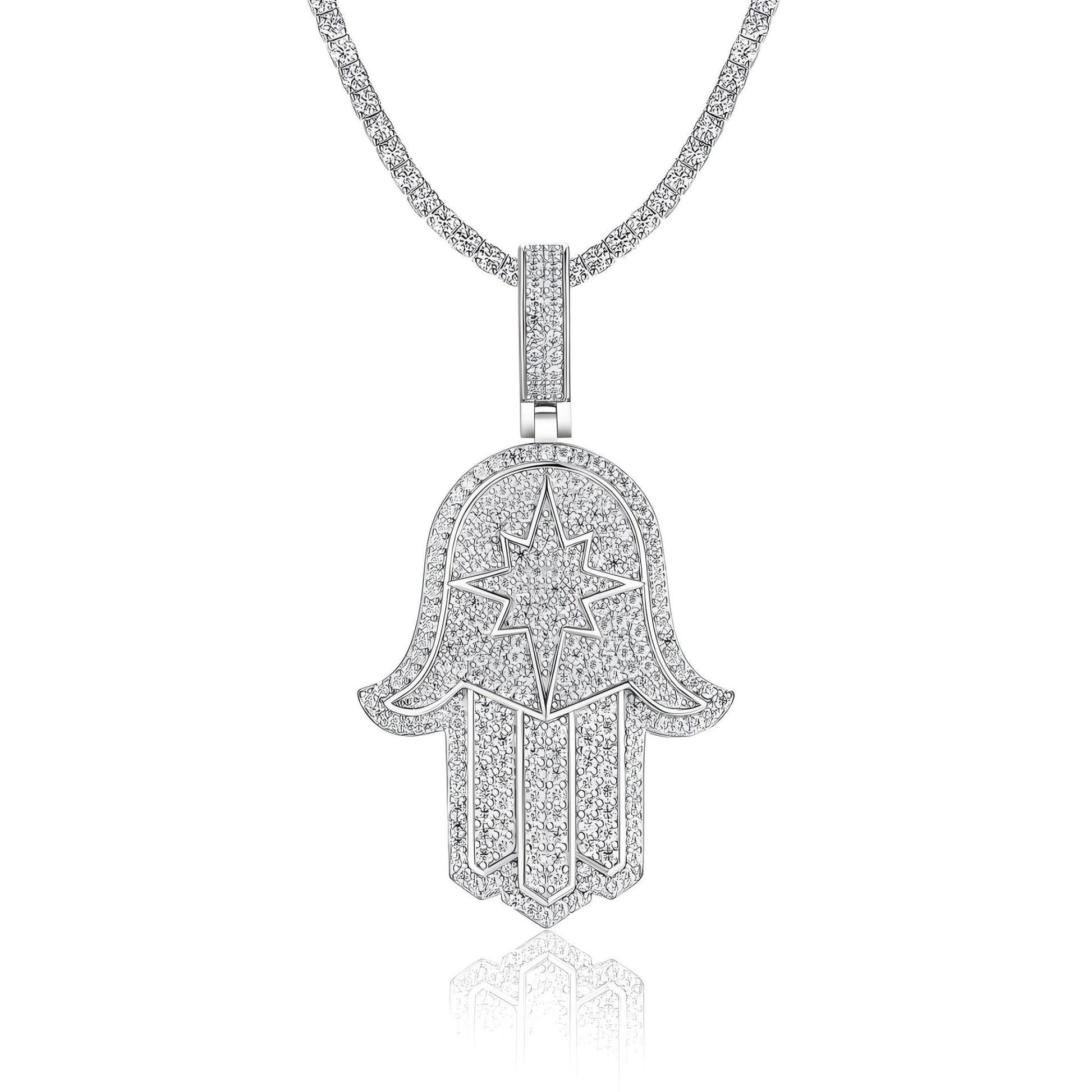 Iced Hamsa of Moissanite Christmas Oblong Star in Fatima's Hand Pendant with Double Halo Bail (Charm) - La Pretti