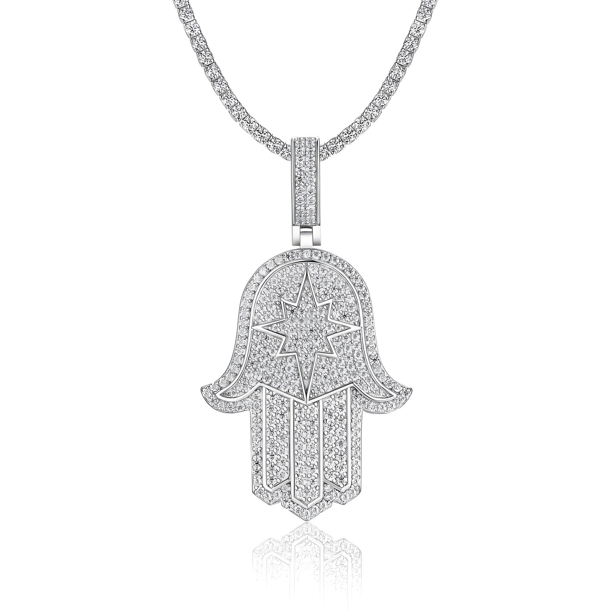 Iced Hamsa of Moissanite Christmas Oblong Star in Fatima's Hand Pendant with Double Halo Bail (Charm) - La Pretti
