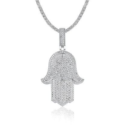 Iced Hamsa of Moissanite Christmas Oblong Star in Fatima's Hand Pendant with Double Halo Bail (Charm) - La Pretti