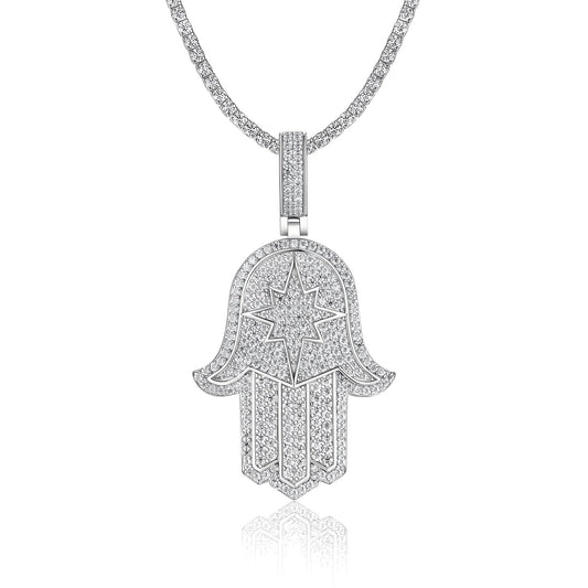 Iced Hamsa of Moissanite Christmas Oblong Star in Fatima's Hand Pendant with Double Halo Bail (Charm) - La Pretti