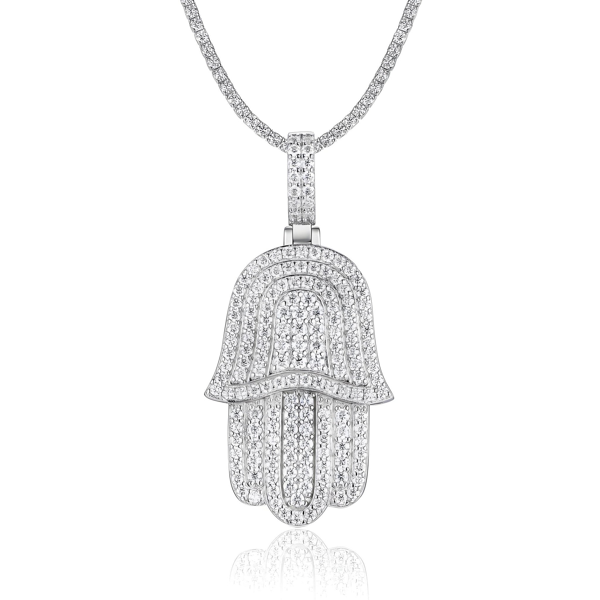 Iced Hamsa of Moissanite Fatima's Hand Pendant with Double Halo Bail (Charm) - La Pretti