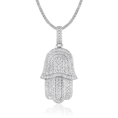 Iced Hamsa of Moissanite Fatima's Hand Pendant with Double Halo Bail (Charm) - La Pretti